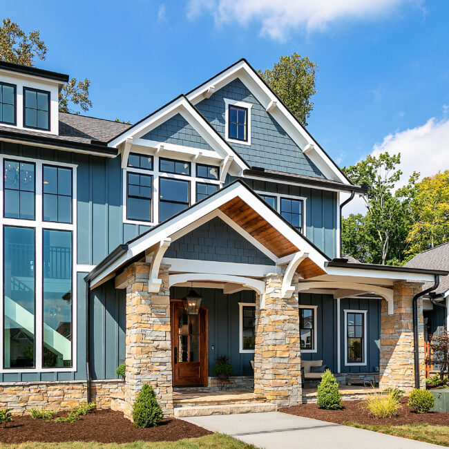 Front porch with stone pillars and white beams on blue siding in Southern Belle, a custom home by Mike Stevens Homes
