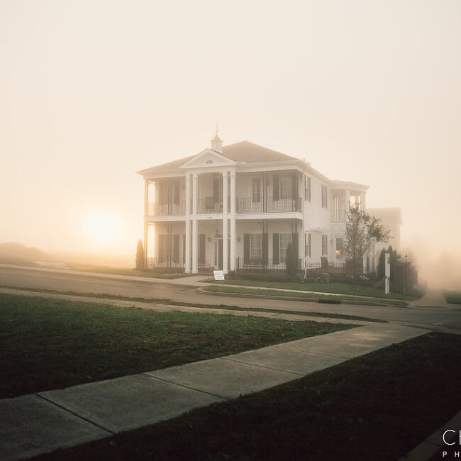 White two-story columned home in morning fog at sunrise in Haunted Mansion Homage, a custom home by Mike Stevens Homes
