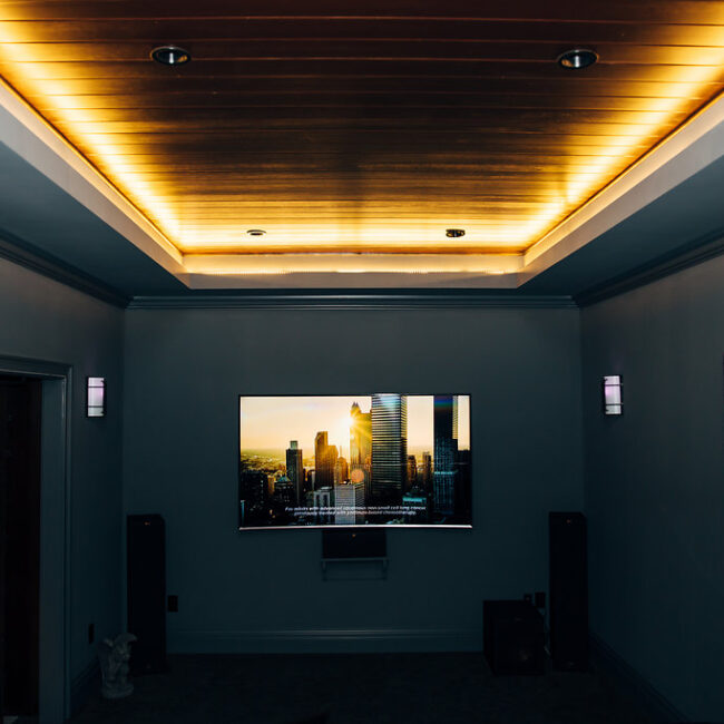 Home theater with tray ceiling lights and wall-mounted TV in Haunted Mansion Homage, a custom home by Mike Stevens Homes