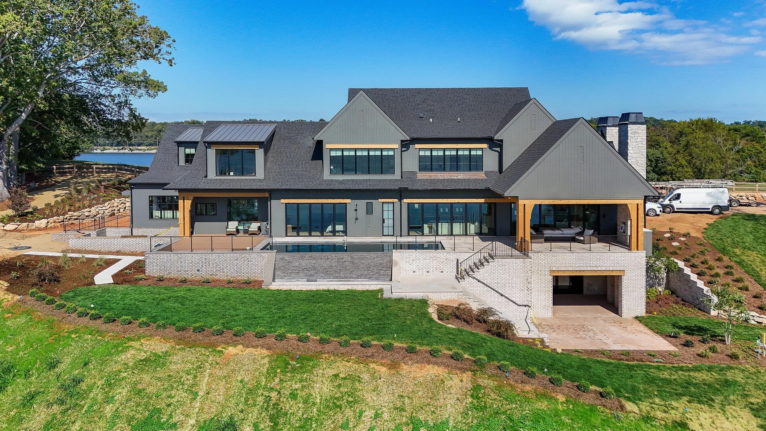 Aerial of Edgewater Estate, a custom lake home on a private peninsula by Mike Stevens Homes