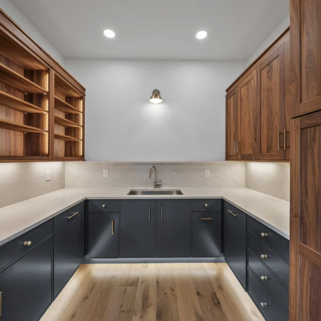Butler's pantry with walnut uppers, gray base cabinets and sink in Edgewater Estate, a custom home by Mike Stevens Homes