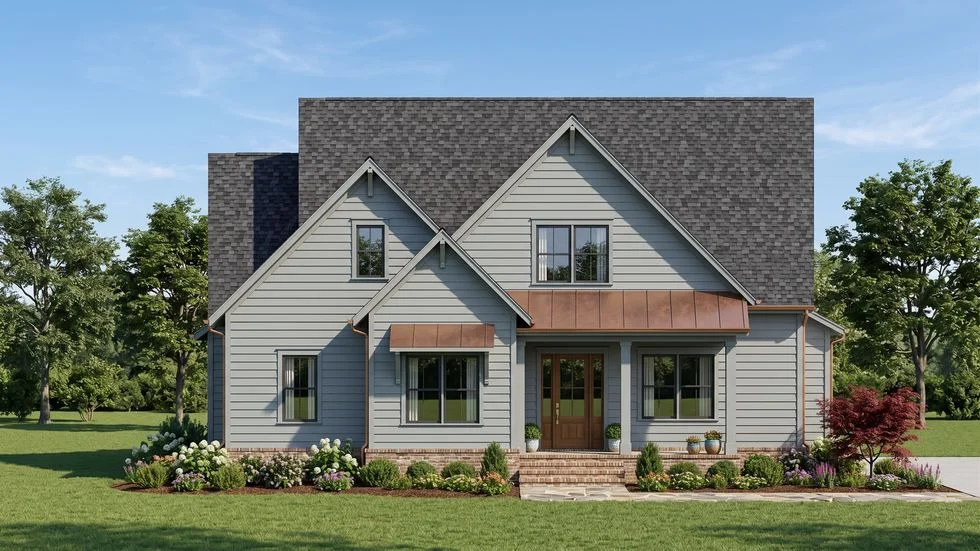 Exterior rendering of a gray farmhouse-style home with metal roof accent, by Mike Stevens Homes