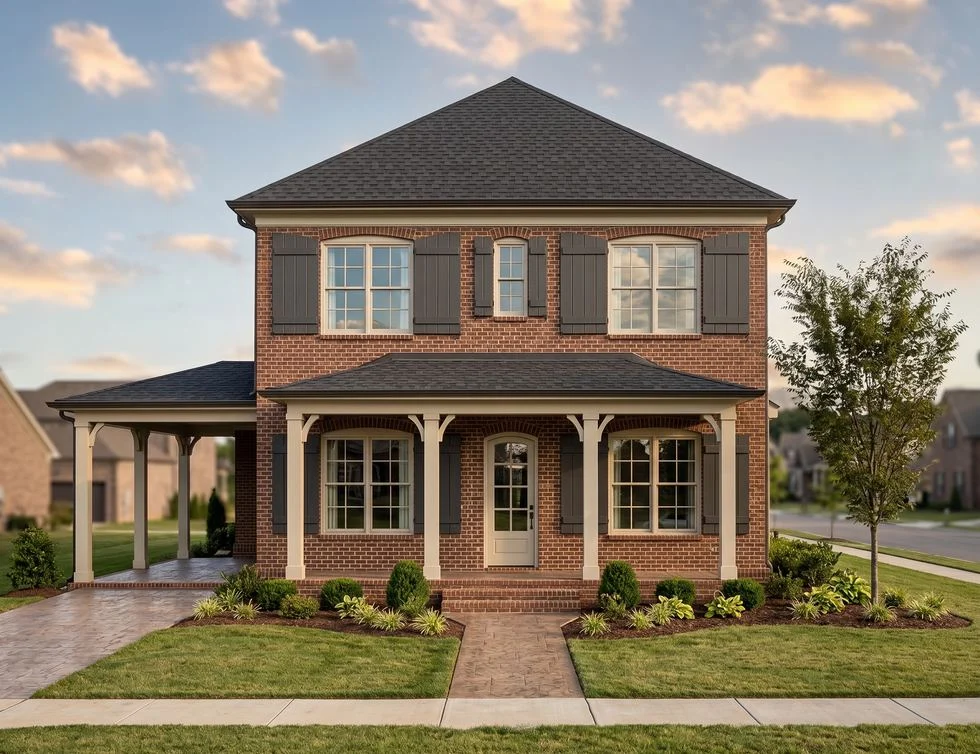 Brick two-story colonial home with covered front porch at dusk, by Mike Stevens Homes