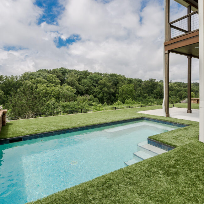 Plunge pool with built-in steps and wooded hillside view at Rockport Gray Farmhouse by Mike Stevens Homes