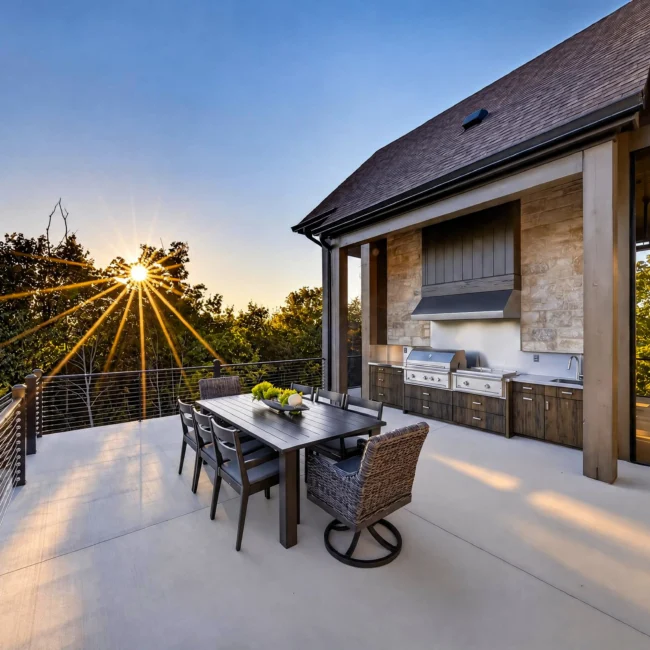Sunset Heights terrace at sunset with a dark dining table, wicker chairs, cable rail and an outdoor kitchen under a roof
