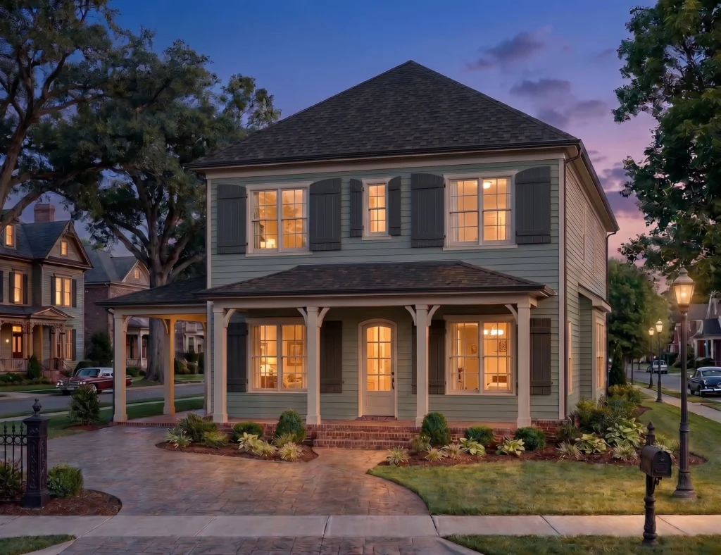 Exterior rendering of The Concord house plan at dusk with lit windows by Mike Stevens Homes