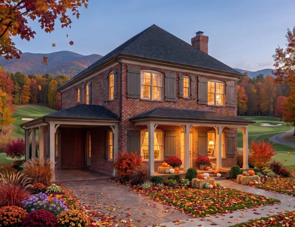 Exterior rendering of The Concord house plan in brick with fall foliage by Mike Stevens Homes