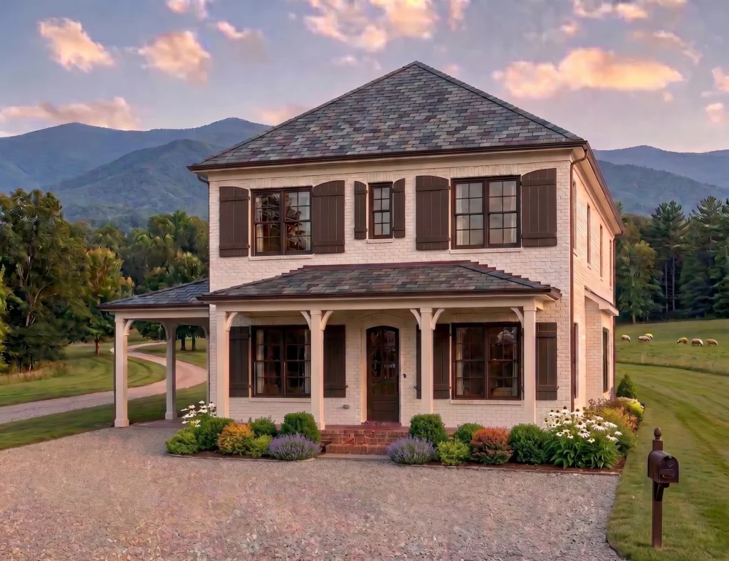 Exterior rendering of The Concord house plan with mountain backdrop by Mike Stevens Homes