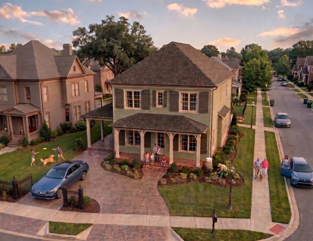 Exterior rendering of The Concord house plan on a tree-lined street by Mike Stevens Homes