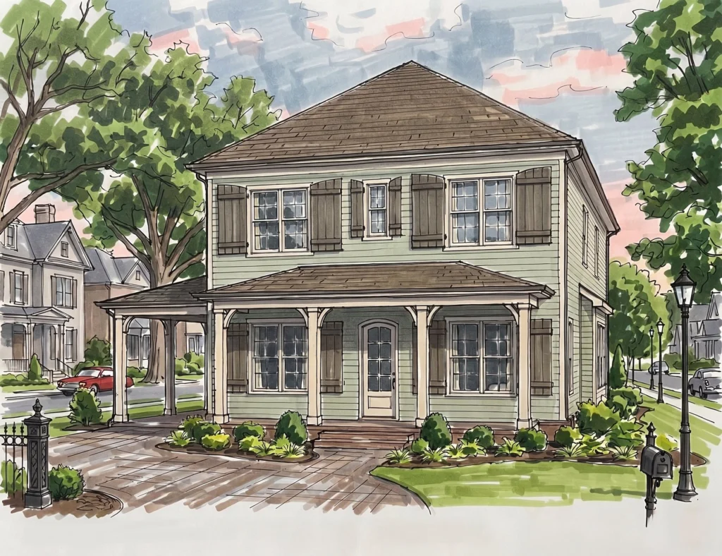 Watercolor exterior rendering of The Concord house plan by Mike Stevens Homes