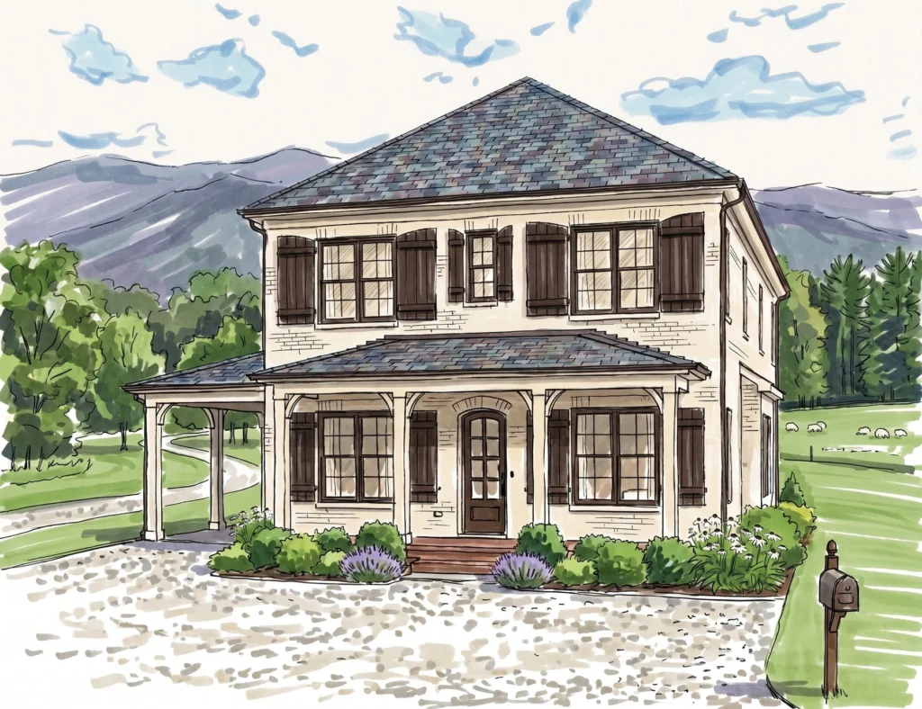 Pen-and-watercolor sketch exterior of The Concord house plan by Mike Stevens Homes