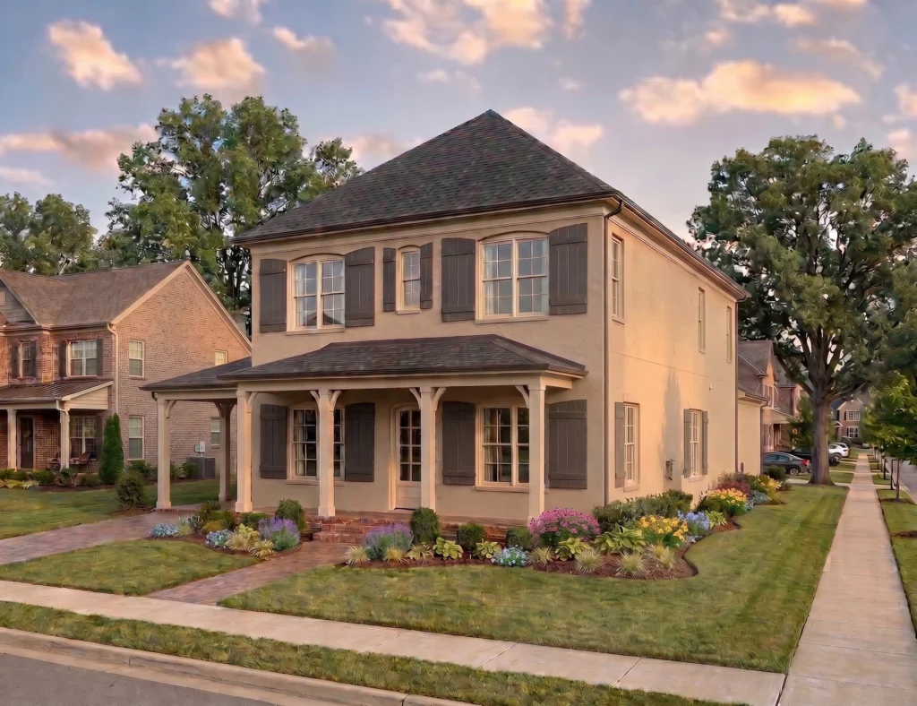 Exterior rendering of The Concord house plan at golden hour by Mike Stevens Homes