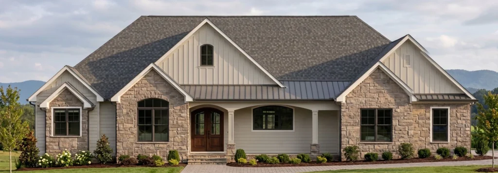 Front exterior rendering of The Maryville house plan, brick base and gable dormer, by Mike Stevens Homes